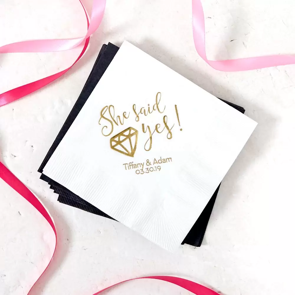 custom She Said Yes wedding cocktail napkin