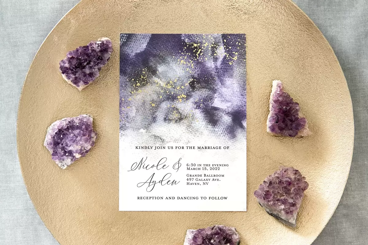 affordable cosmic wedding invitations with purple, black and gold foil