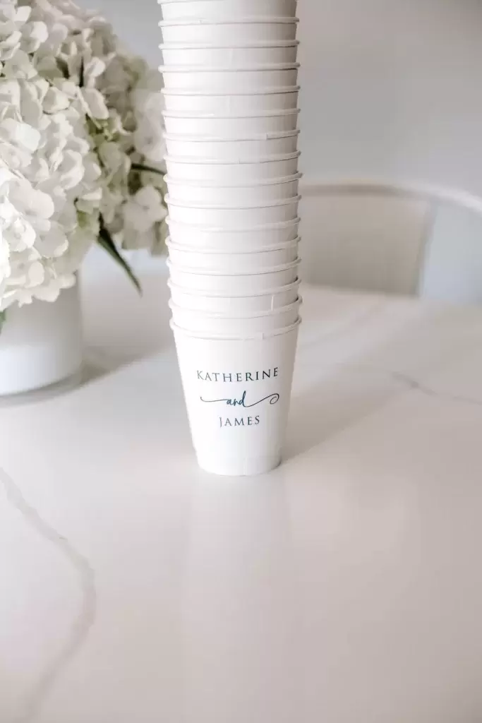 crisp white custom paper coffee cups for the wedding morning