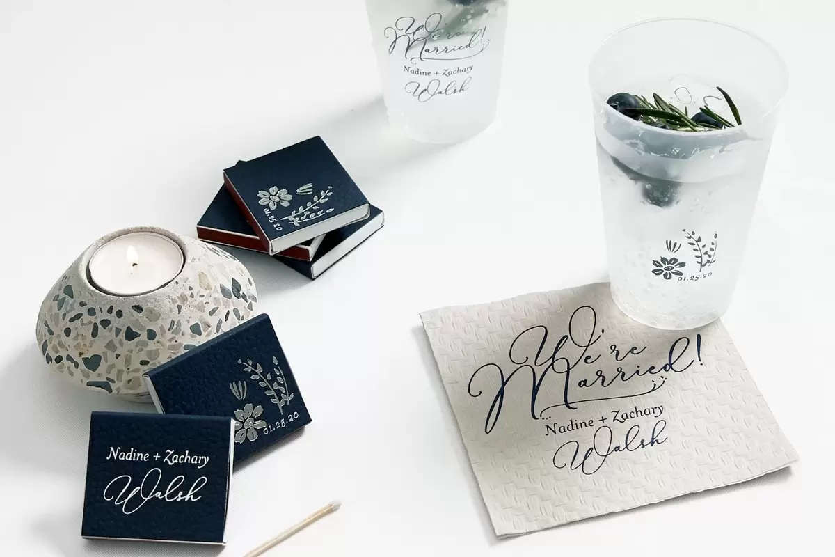 custom designed wedding accessories and a blue(berry) themed signature cocktail