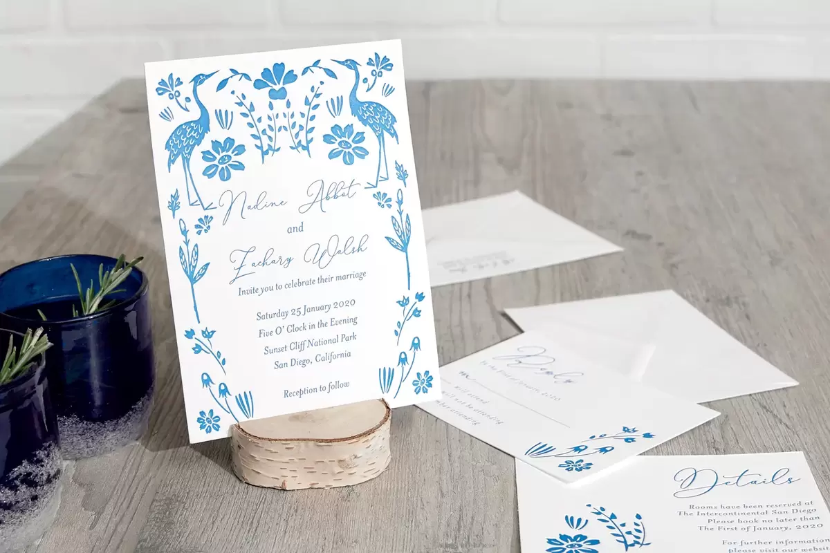 custom wedding invitation by For Your Party in vibrant blue ink