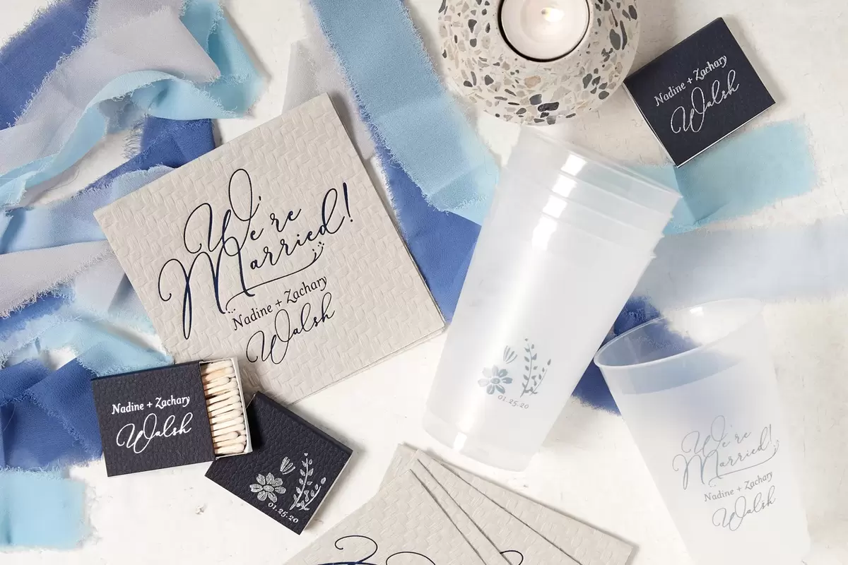 custom winter wedding matches, plastic cups and cocktail napkins for your blue hued wedding