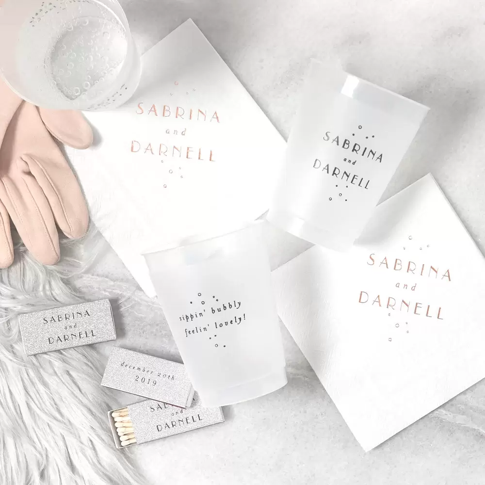 Frosted cocktail napkins and frost flex cups combine for a perfectly wintery texture at your winter wedding.