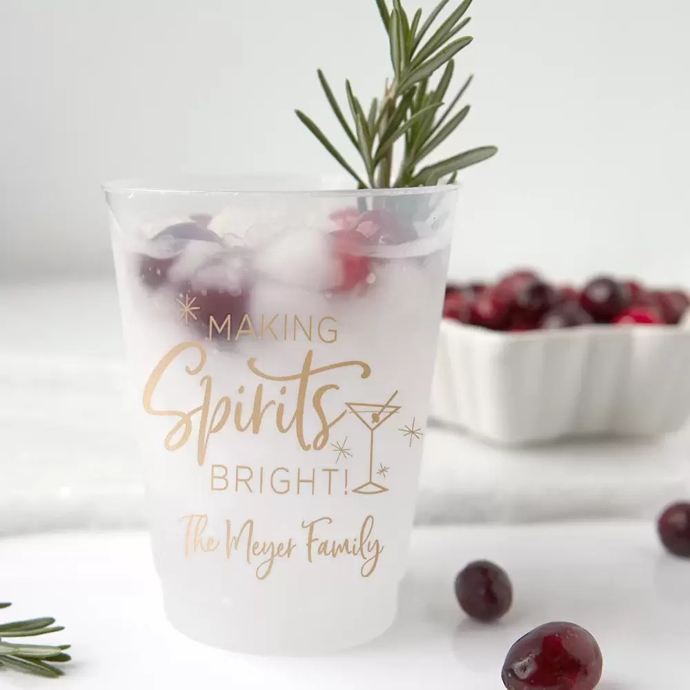 custom frosted plastic cups are perfect for Christmas cocktails