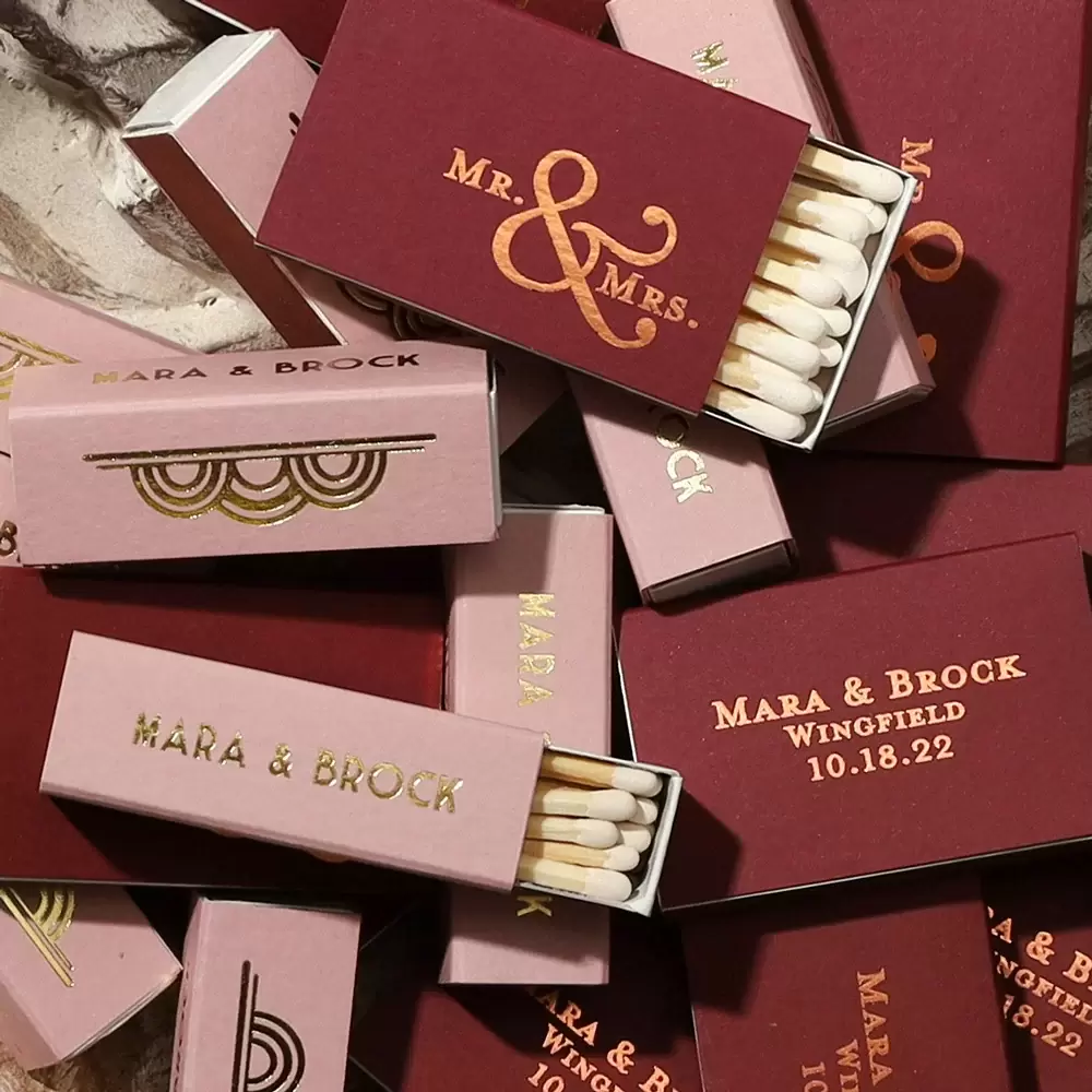 give your wedding guests a memorable take home item with custom matchboxes