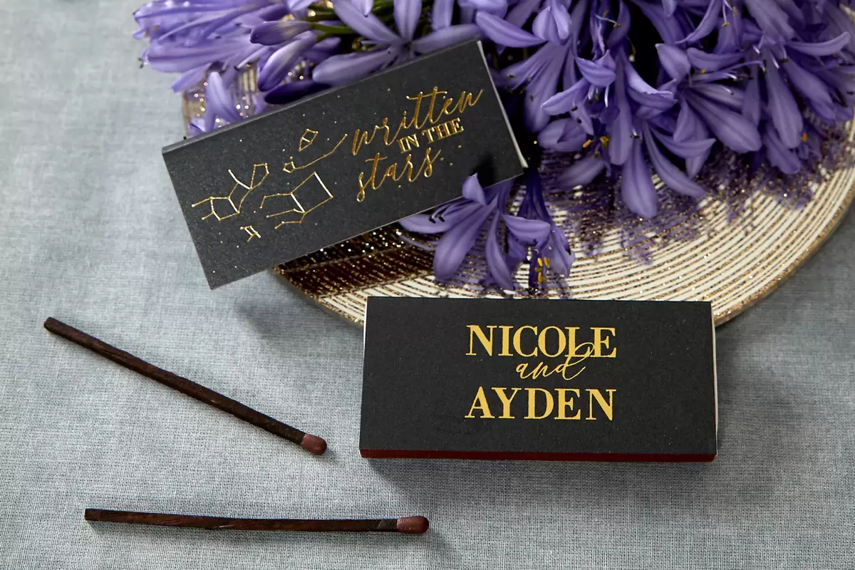 choose "written in the stars" matchboxes for your custom wedding matches from For Your Party