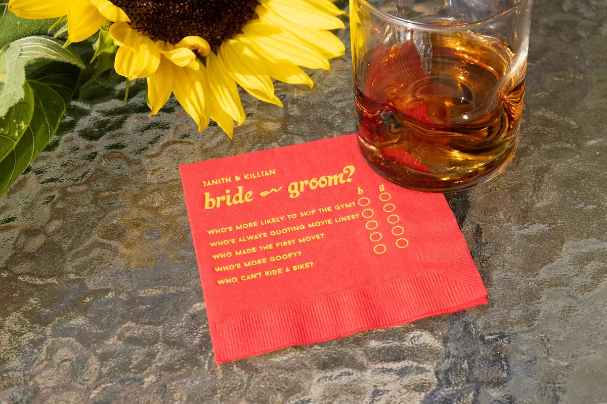 Cocktail Napkin featuring a game printed on it. Pick Bride or Groom for each topic! 