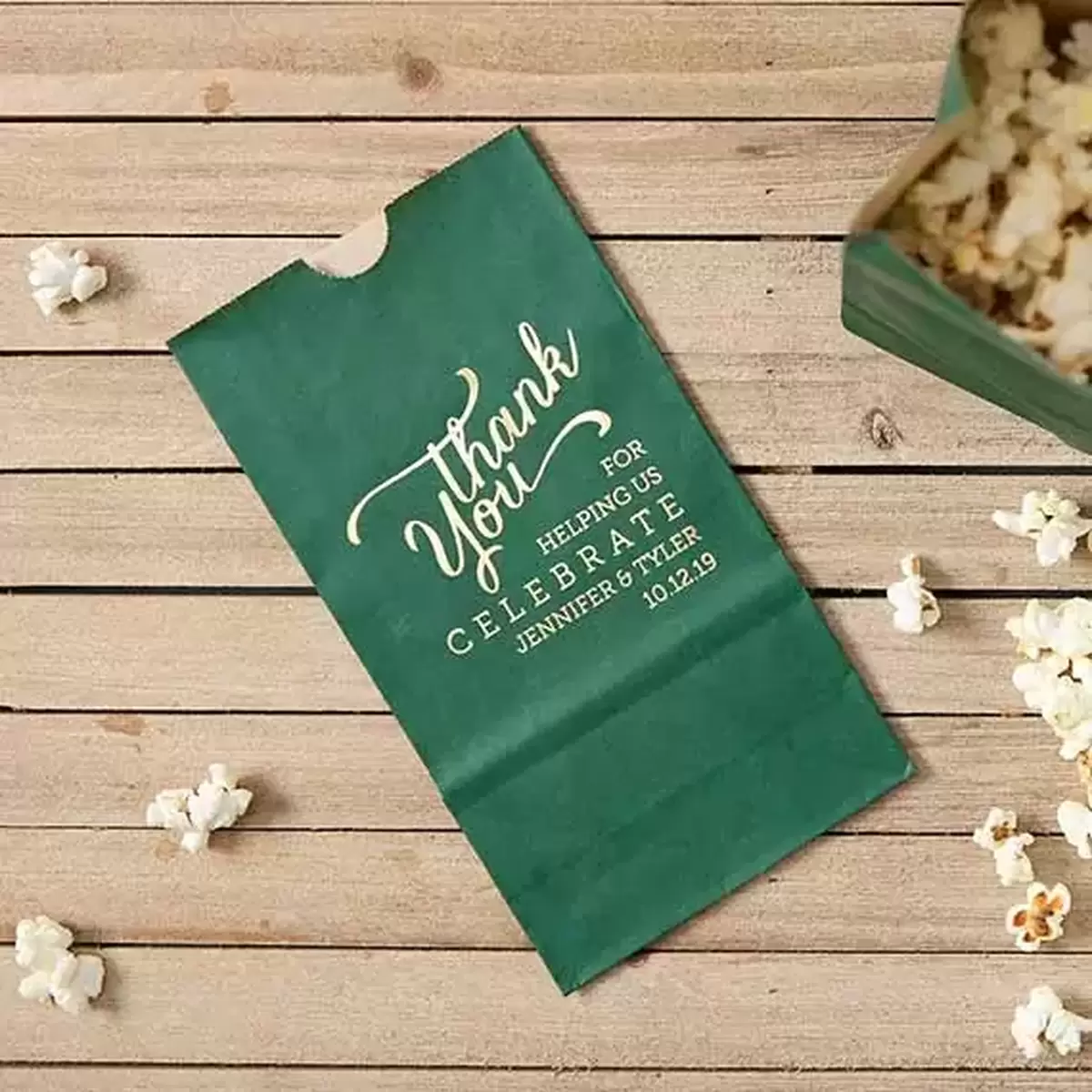 Green popcorn bag with thank you message foil stamped with silver foil