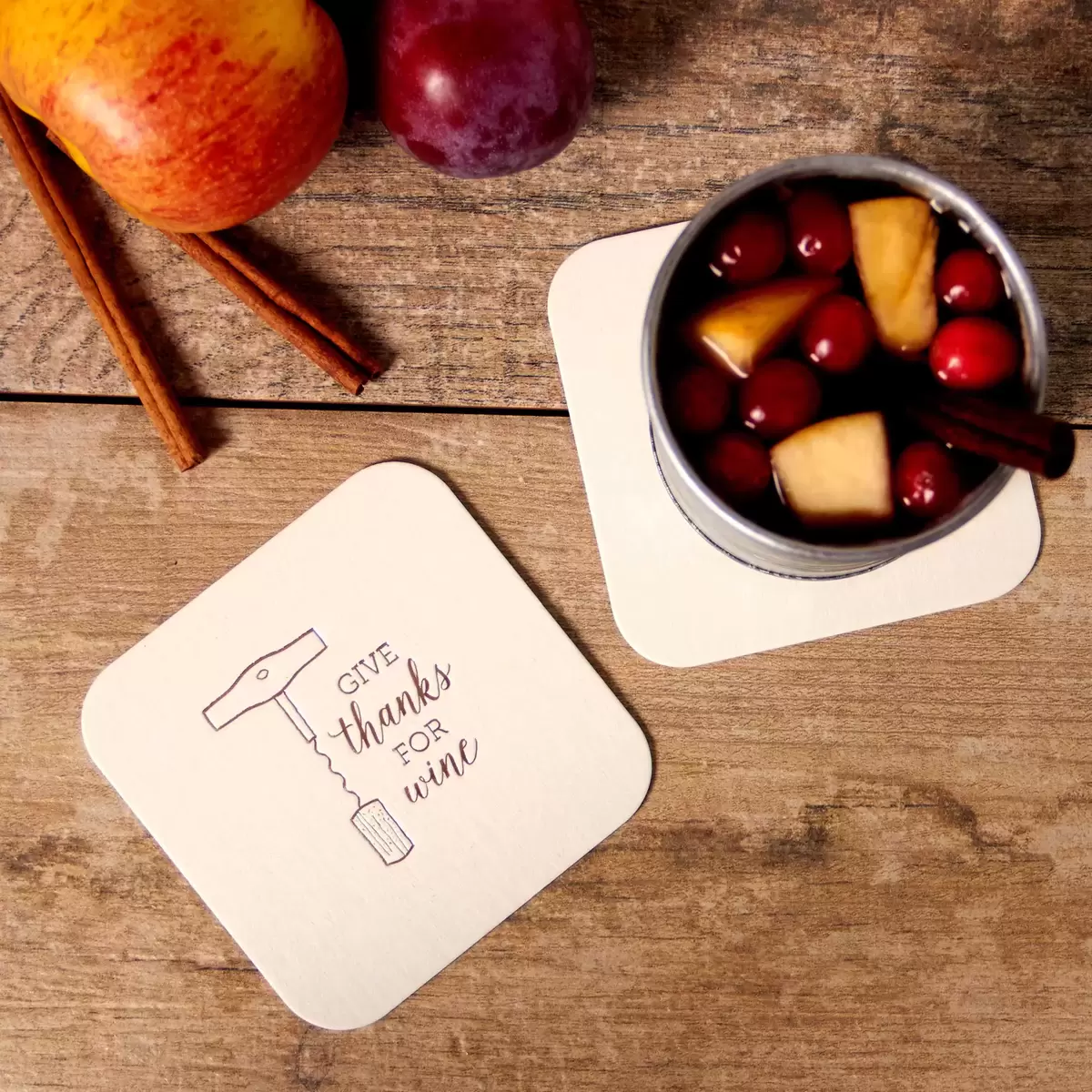 fall sangria with personalized coasters