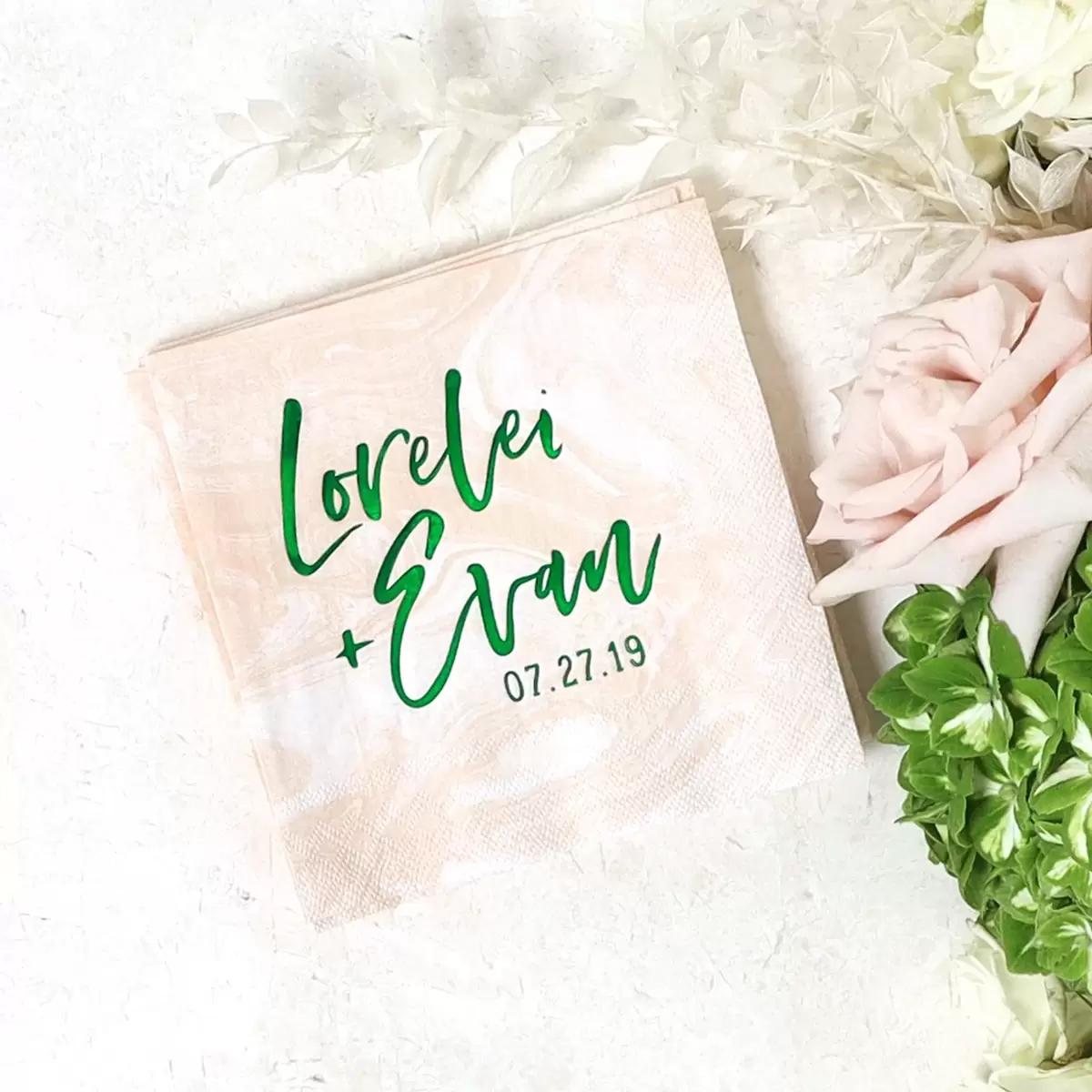 personalized wedding napkin with pop of green foil stamping
