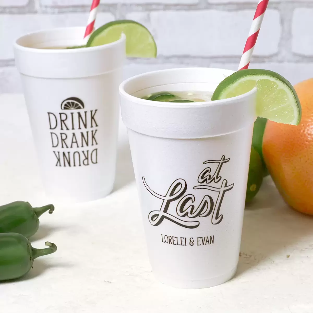 custom designed "At Last" styrofoam cups