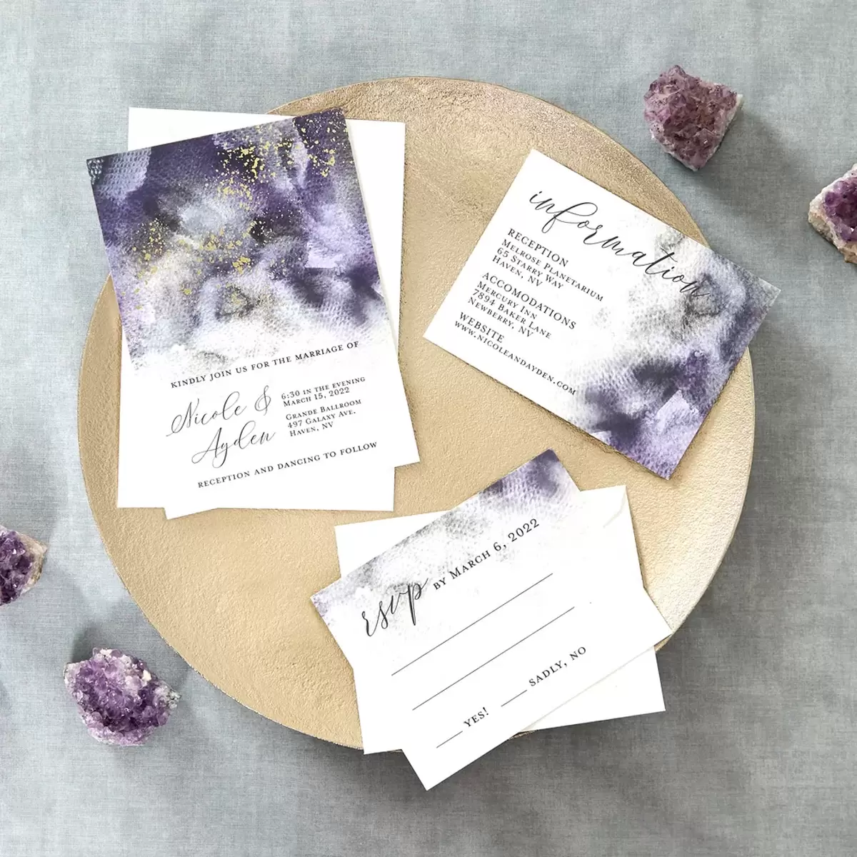 affordable cosmic wedding invitations with purple, black and gold foil