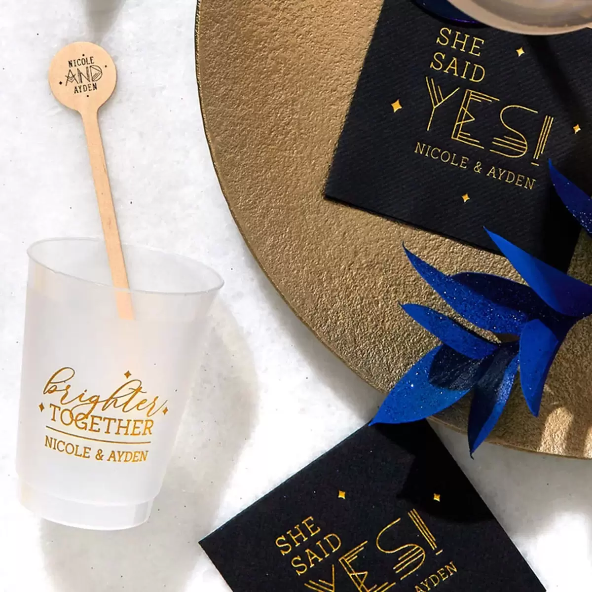 custom designed cosmic inspired petite cocktail napkins, cups and swizzle sticks