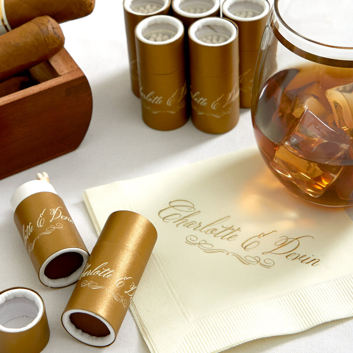 Shop the Elegant Ivory Collection Custom Cocktail Napkins and Barrel Matchboxes