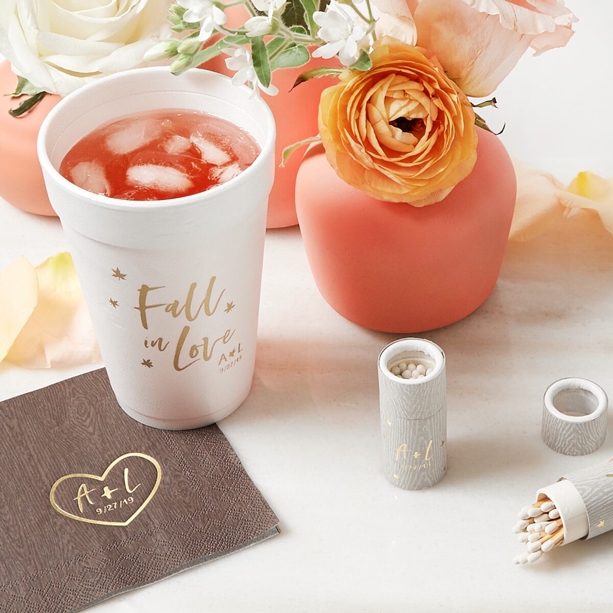 Shop the Autumnal Bloom Collection Custom Cocktail Napkins, Barrel Matchboxes, and Foam Cups 