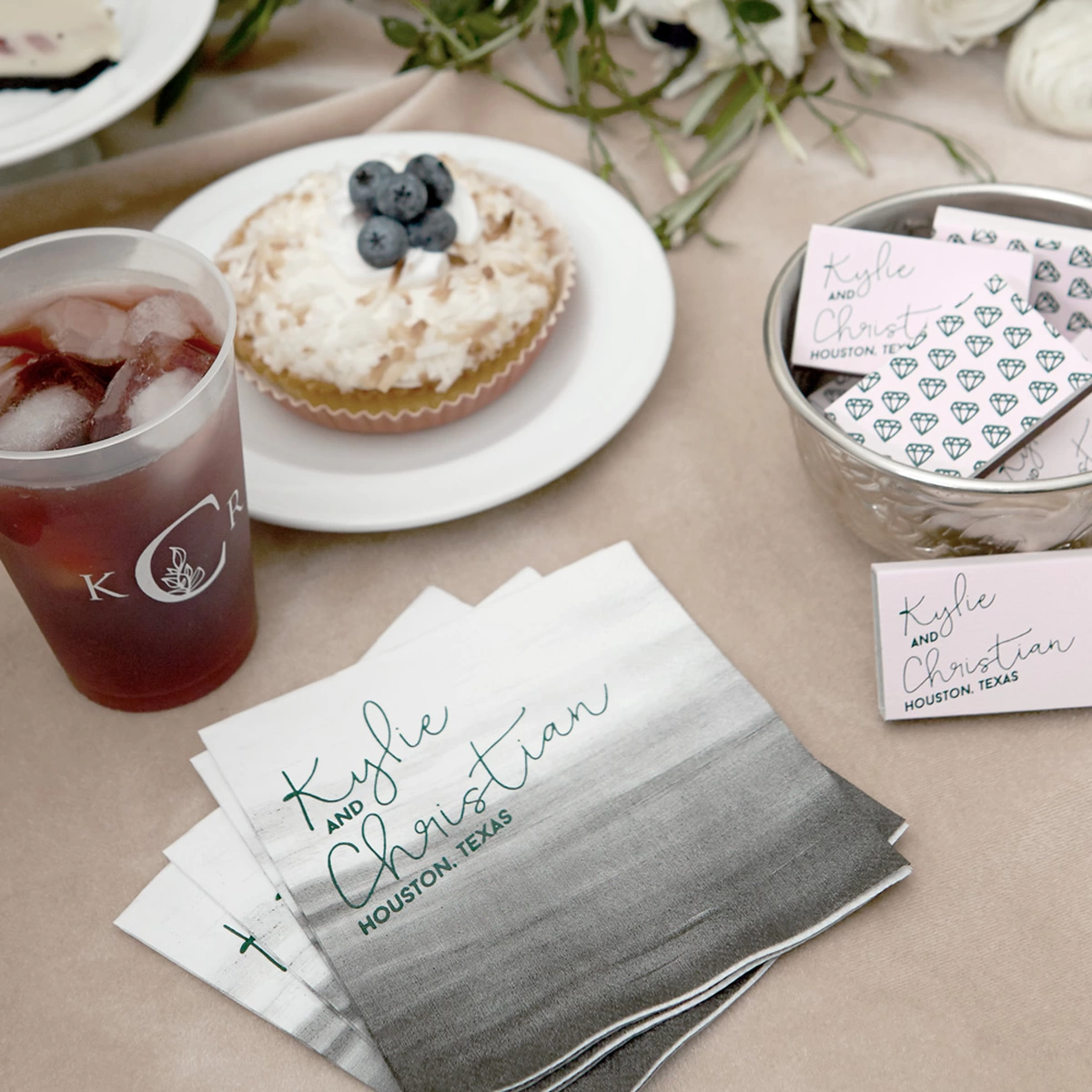 Shop the Velvet Romance Collection Custom Cocktail Napkin, Frost Flex Cup, and Matchboxes