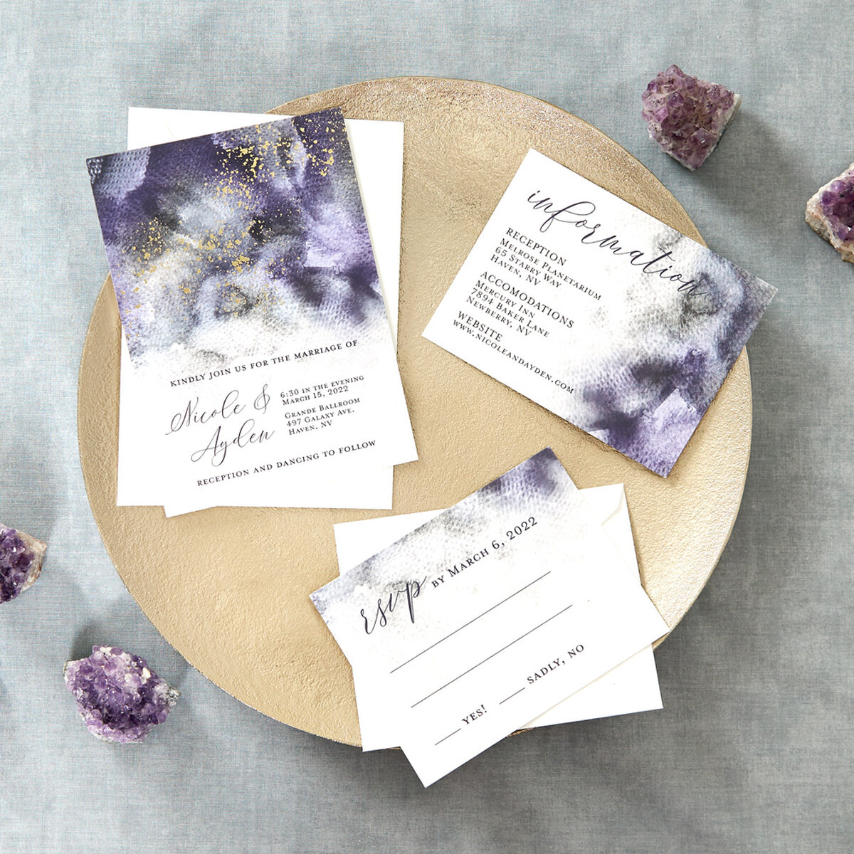 Shop the Dark + Cosmic Collection Custom Invitations, RSVP, and Details Cards