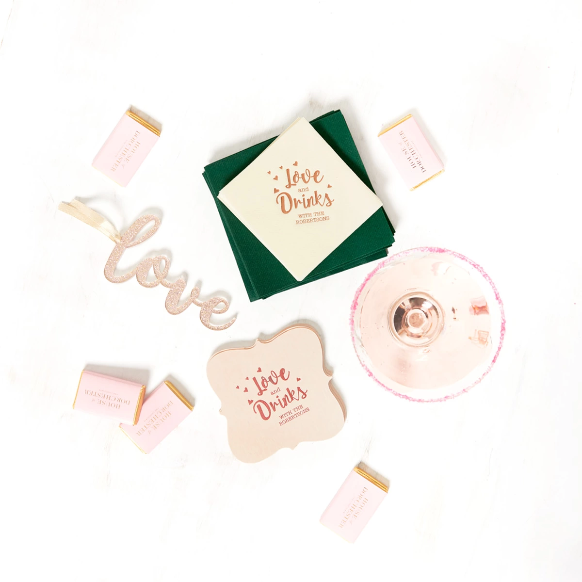 Shop the Coral Spring Collection Custom Cocktail Napkins, Coasters, and Matchboxes