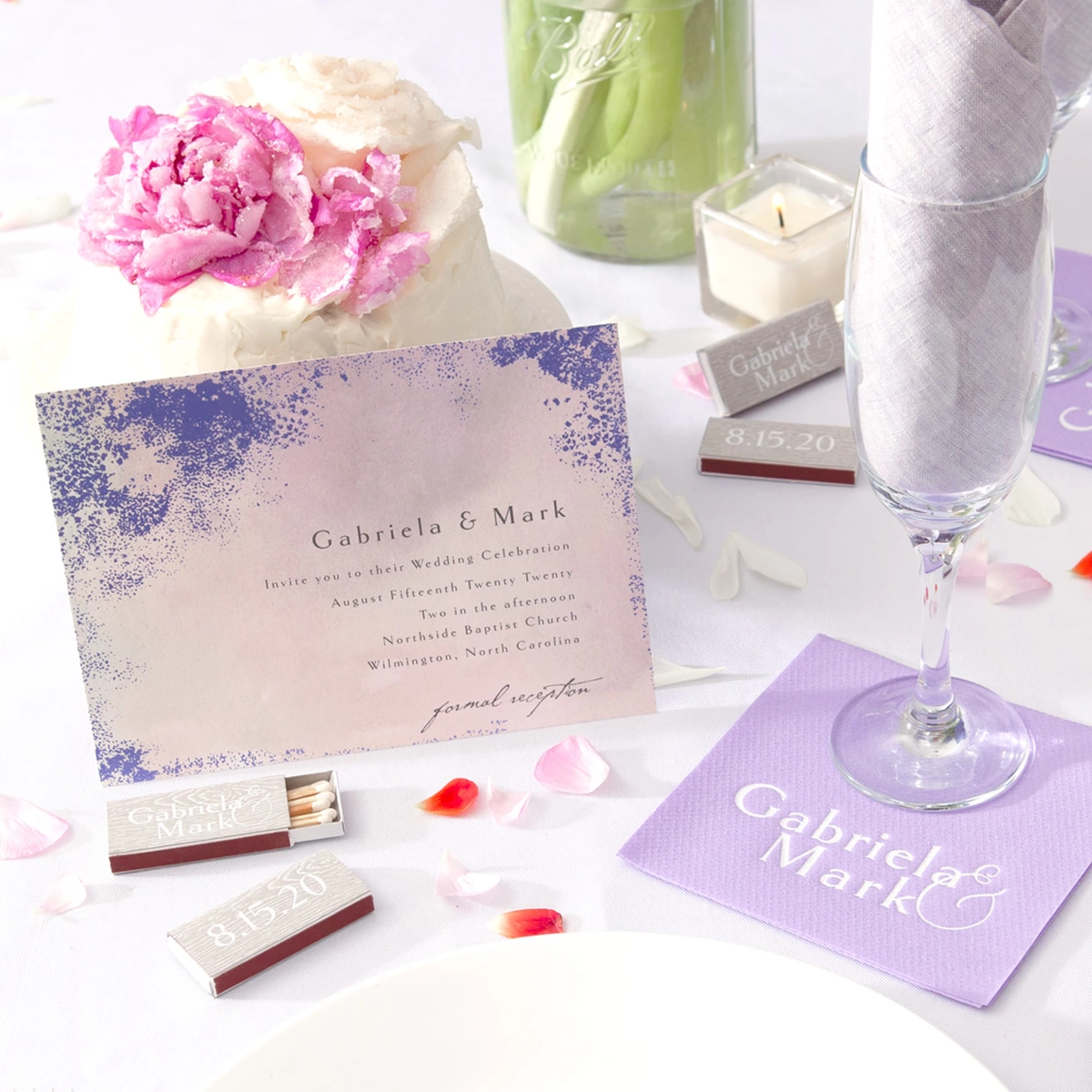 Shop the Lavender Waves Collection Custom Invitation, Cocktail Napkins, and Matchboxes