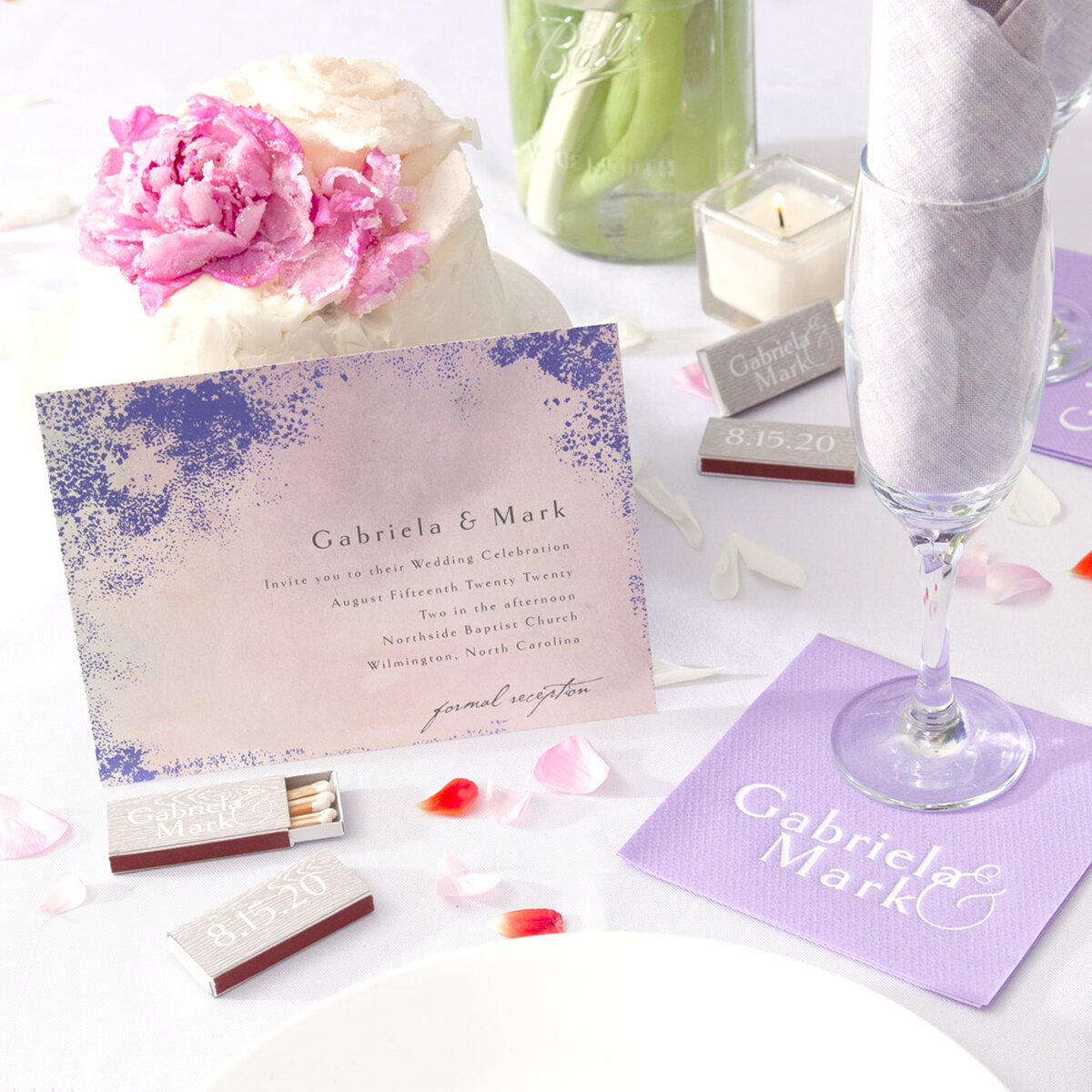 Shop the Lavender Waves Collection Custom Invitation, Cocktail Napkins, and Matchboxes