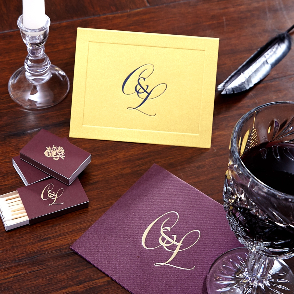 Shop the Gothic Glam Collection Custom Linen Like Cocktail Napkin, Matchboxes, and Notecards 