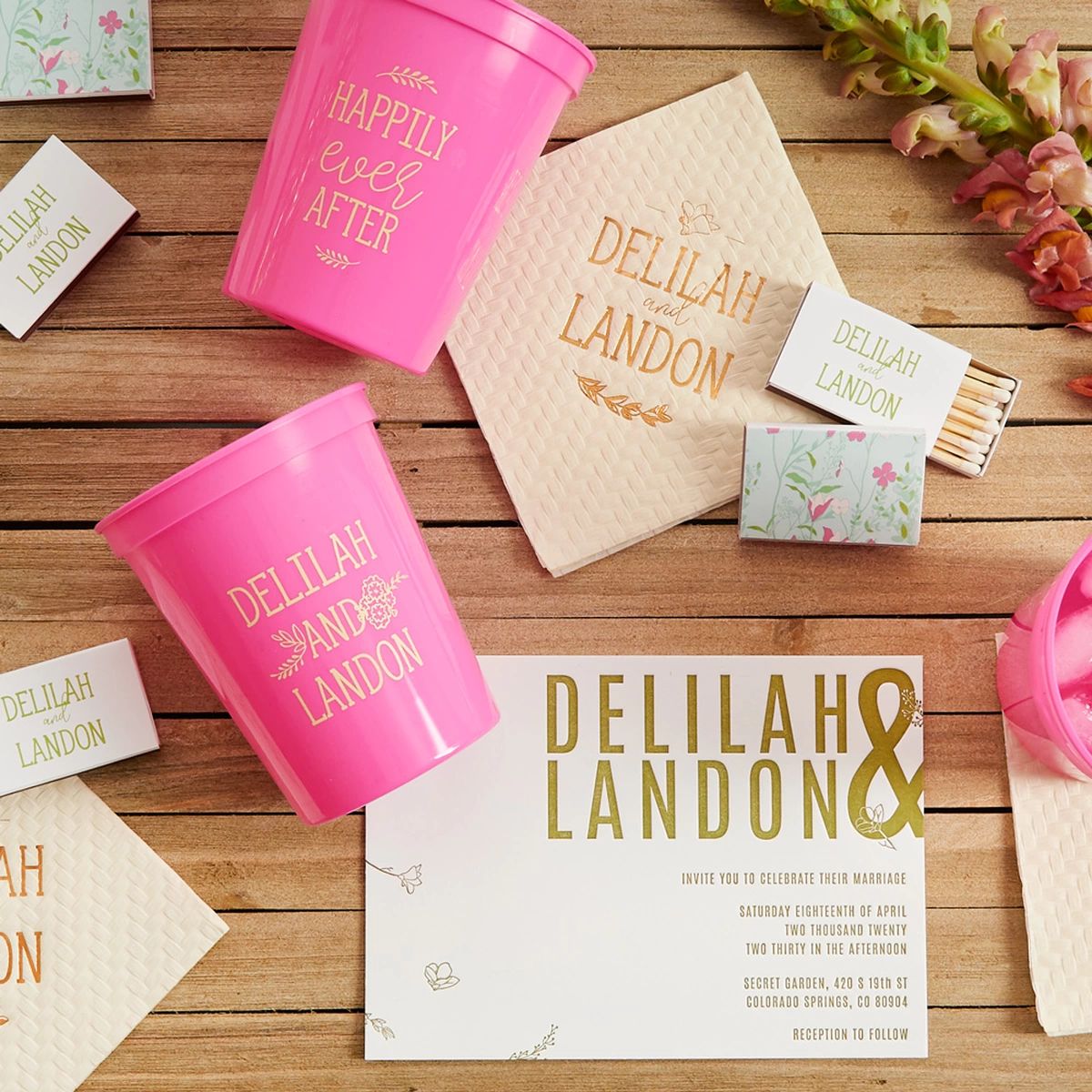 Shop the Wildflower Collection Custom Stadium Cups, Matchboxes, Cocktail Napkins, and Invitations