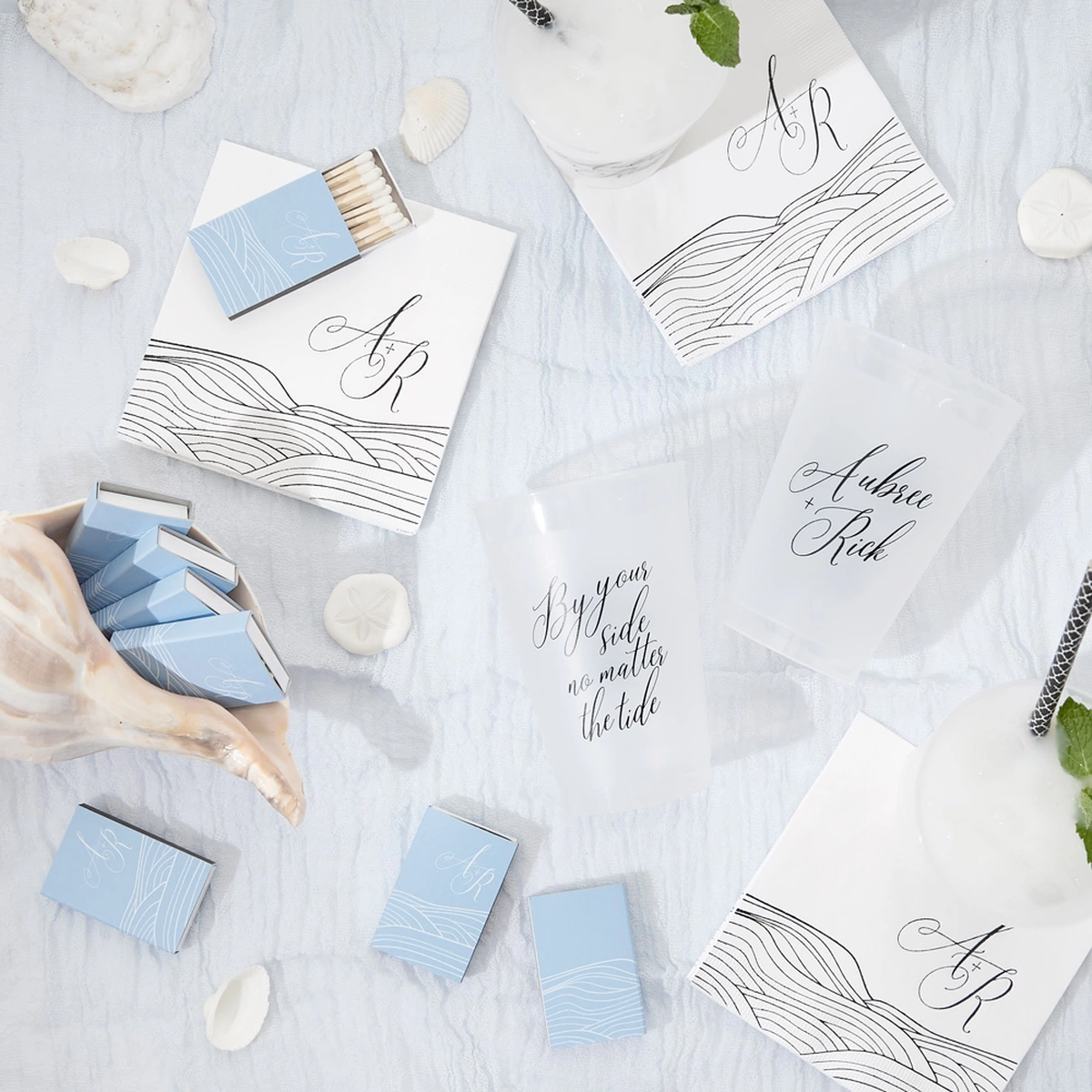 Shop the Love Notes Collection Custom Linen Like Cocktail Napkins, Frost Flex Cups, and Matchboxes