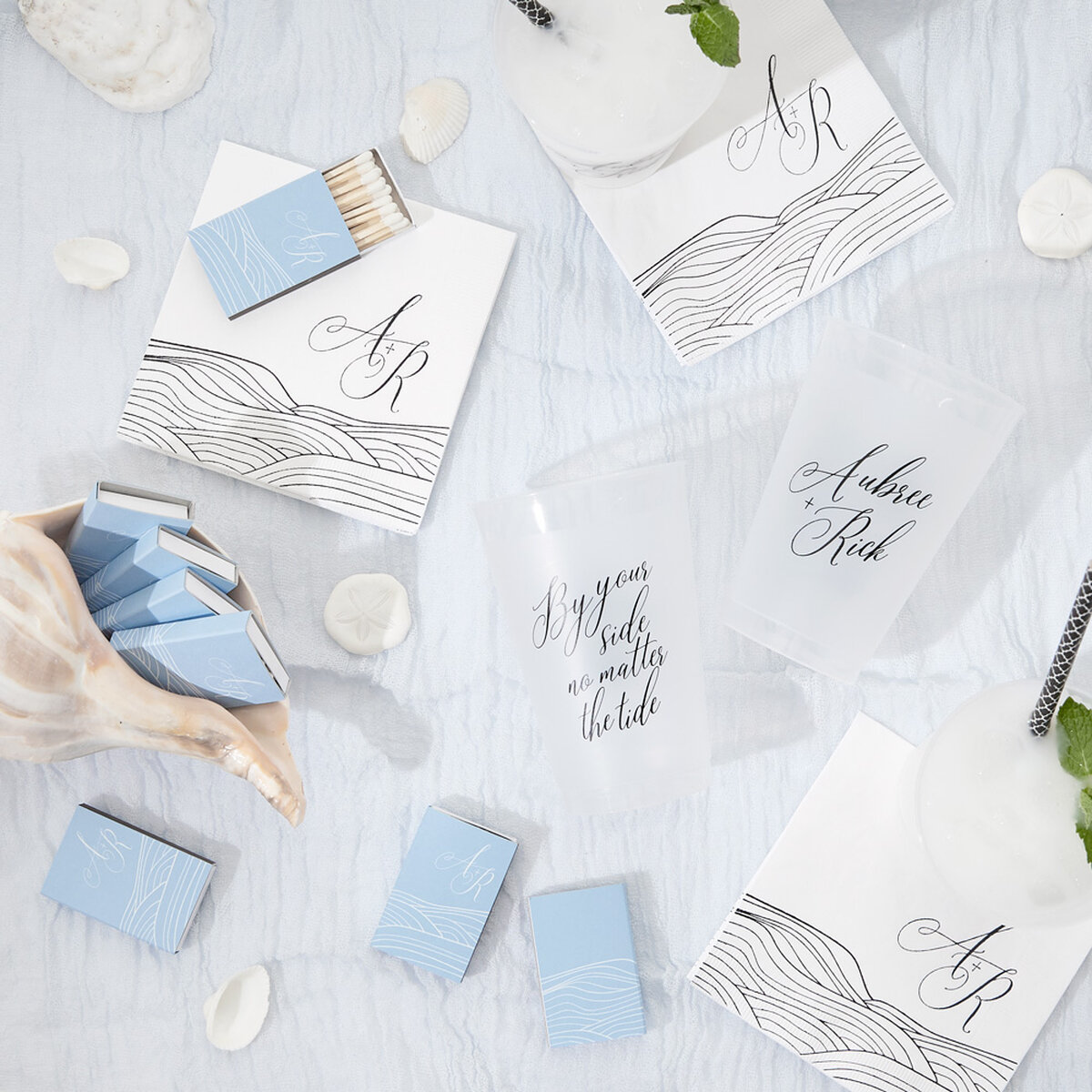 Shop the Love Notes Collection Custom Linen Like Cocktail Napkins, Frost Flex Cups, and Matchboxes