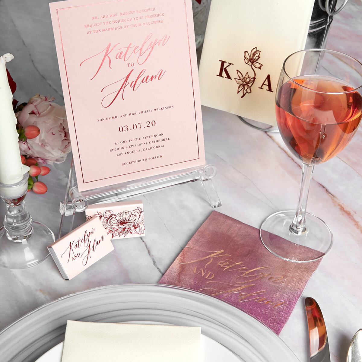 Shop the Red Carpet Modern Collection Custom Matchboxes, Guest Towels, Cocktail Napkins, and Invitations